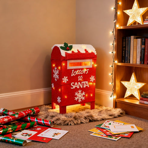 3D Light Up “Letters to Santa” Mailbox Decoration with Timer | Warm White LED Glitter Fabric Christmas Light